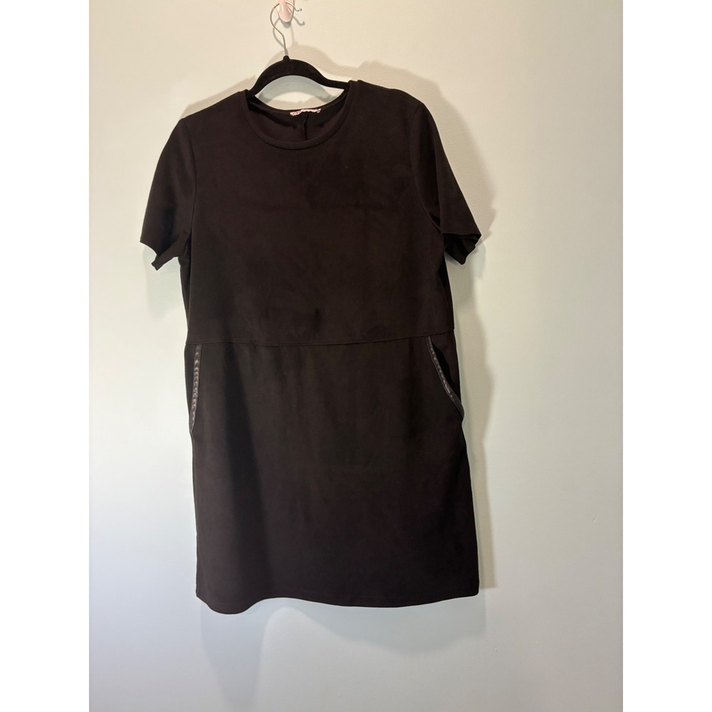 Zara Womens Black Faux Suede Short Sleeve Shift Dress with Pockets Size L